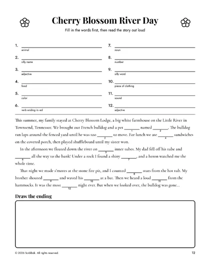 Cherry Blossom Lodge sample book: Page 12 · Cherry Blossom River Day (fill-in-the-blank story)