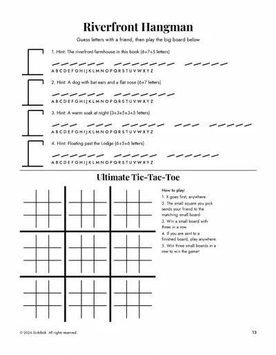 Cherry Blossom Lodge sample book: Page 13 · Hangman + Ultimate Tic-Tac-Toe